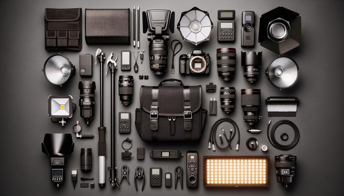 A display of photo accessories and lighting equipment including belt pouches, strobes, and light stands