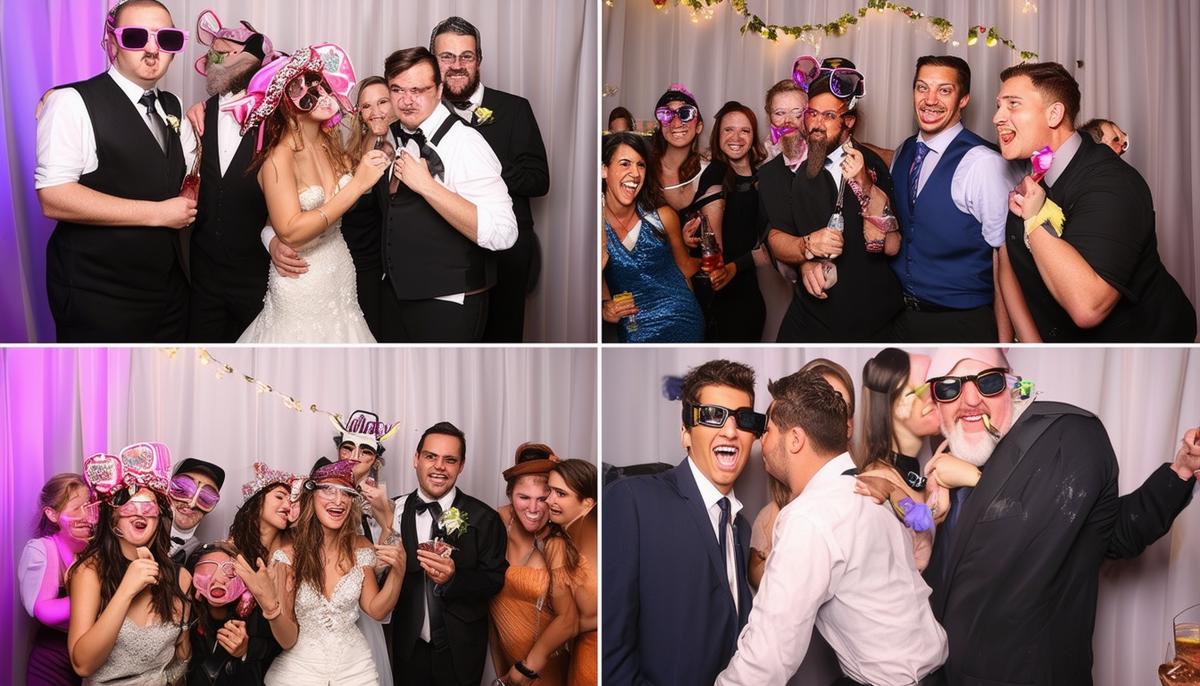 A collage showing a photo booth being used at different types of events: a wedding, corporate gathering, birthday party, and bar mitzvah