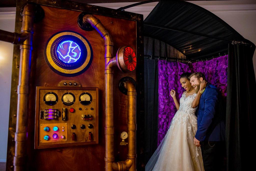 Montage of photo booths at different types of events: wedding, corporate gathering, birthday party, and festival