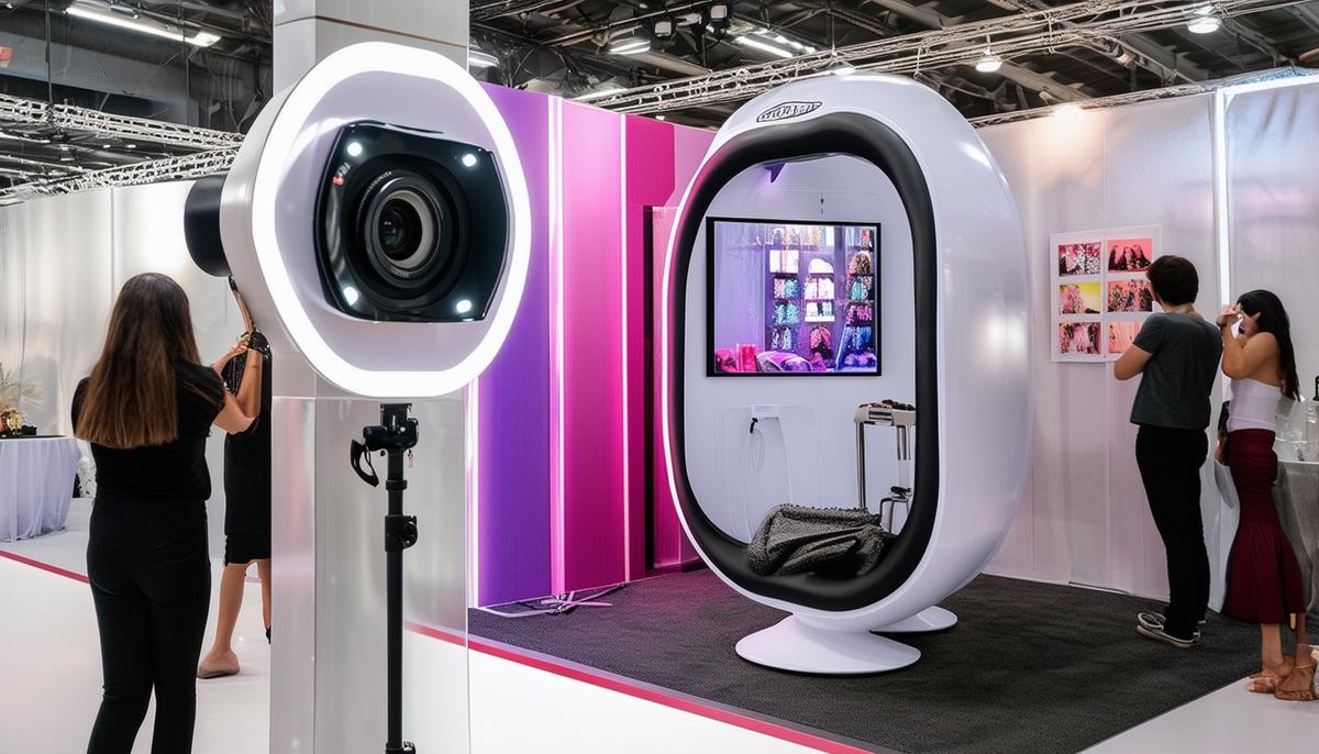 A display showcasing various features of a modern photo booth, including a 360-degree camera, DSLR camera, touch screen, and prop selection
