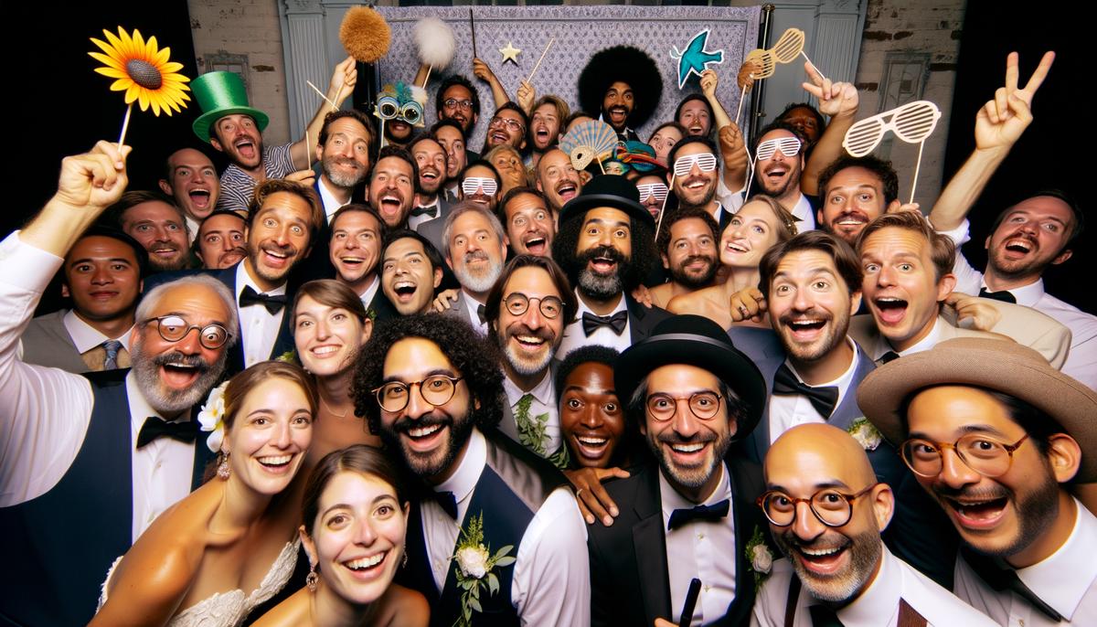 A group of diverse wedding guests enjoying a photo booth with props at a Tampa venue