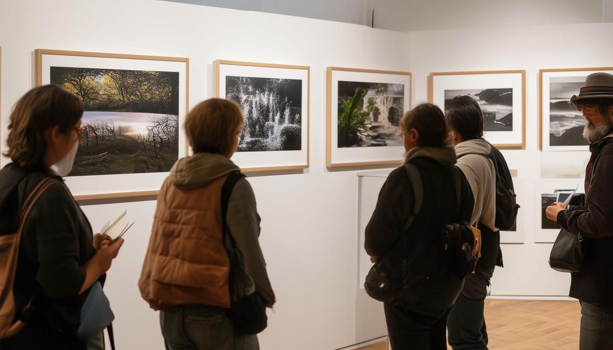 A photography club exhibition with members presenting printed works for critique