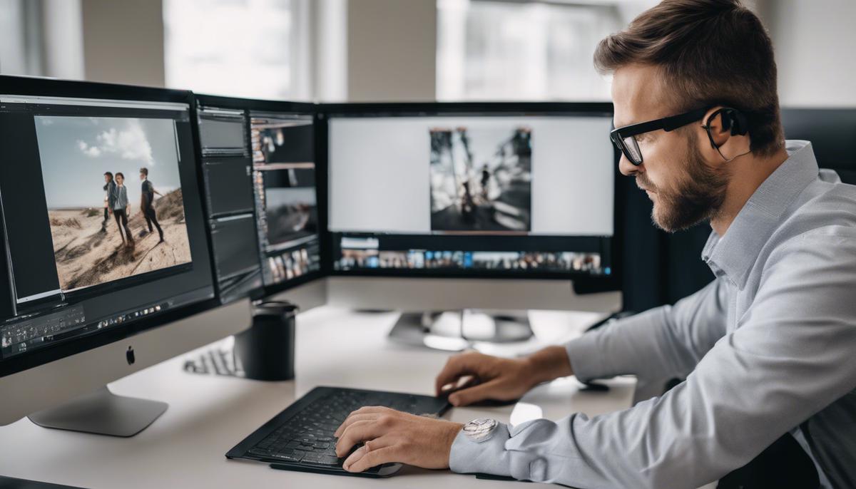 A photographer editing corporate seminar photos on a computer, adjusting exposure and applying consistent visual styles.