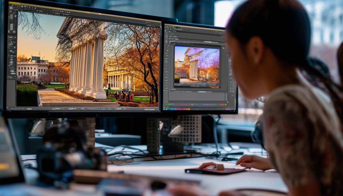 A photographer editing images from Washington DC cultural events on a computer, demonstrating post-processing techniques