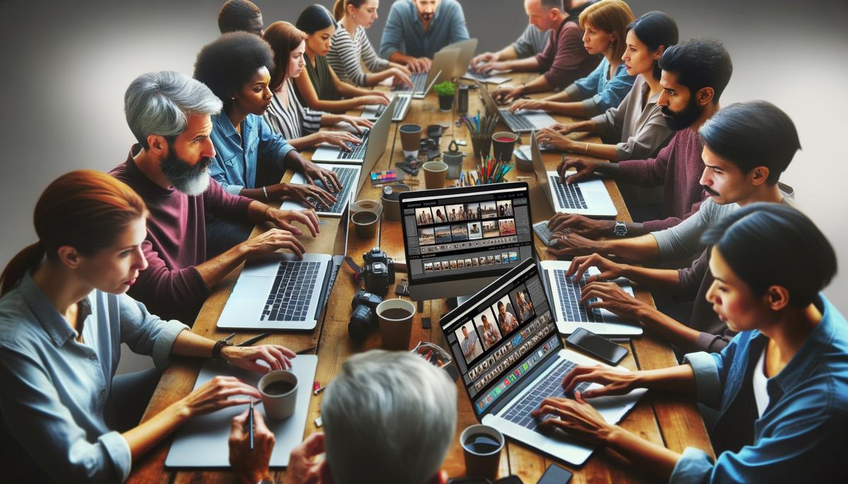 A behind-the-scenes look at a hands-on photo editing workshop, with participants working on their laptops, applying various editing techniques to their images, and engaging in discussions and critiques with their peers and instructors.