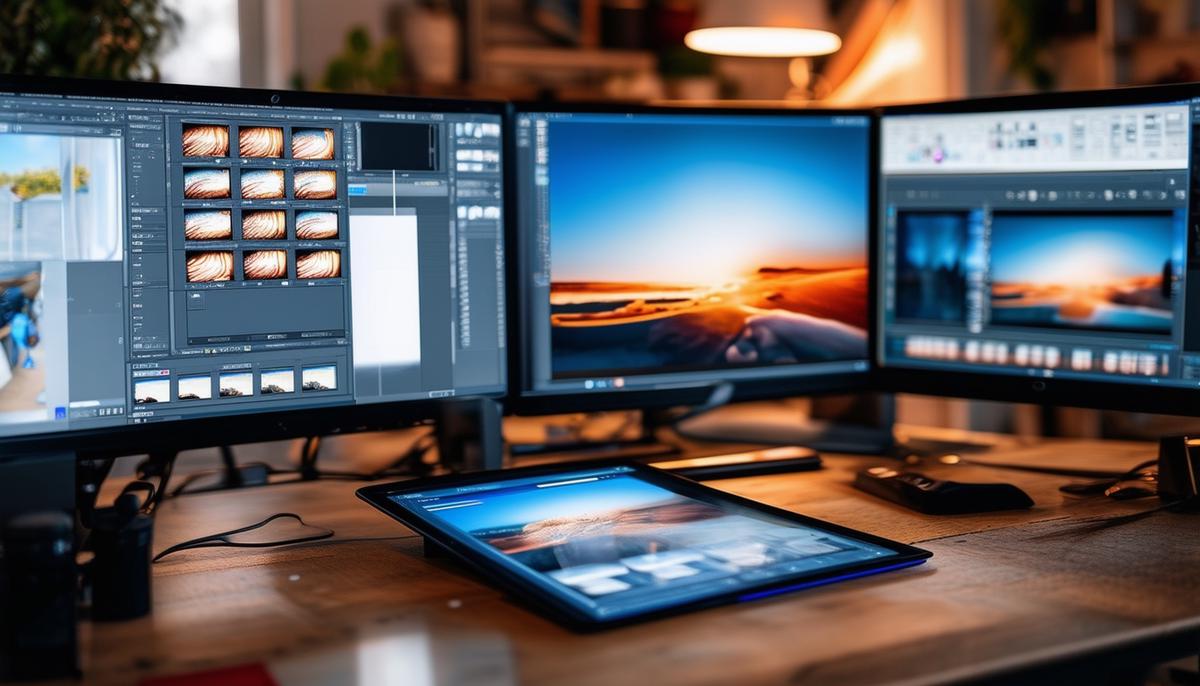 A photographer's workspace with multiple monitors displaying photo editing software and a tablet for retouching