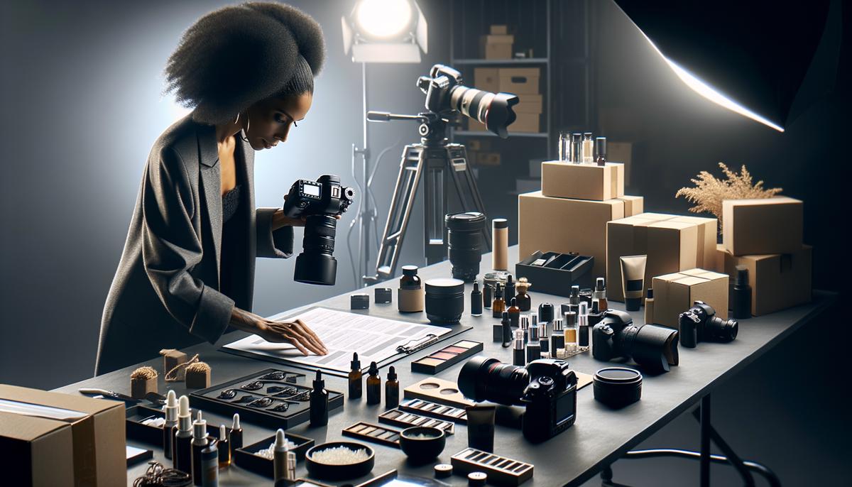 An image showing a photographer planning a photo shoot, with a shot list, camera equipment, and product samples on a table.
