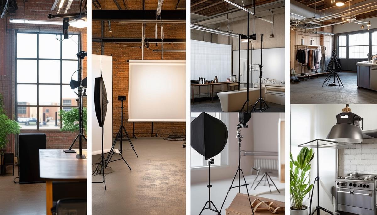Collage of various amenities offered in Minneapolis photo studios, including natural lighting, changing rooms, and kitchenettes