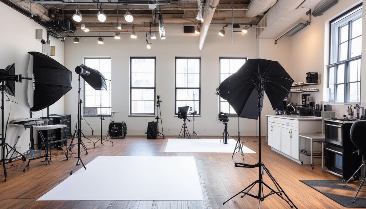 A modern photography studio in Boston showcasing various amenities like makeup areas, kitchen, and equipment rentals