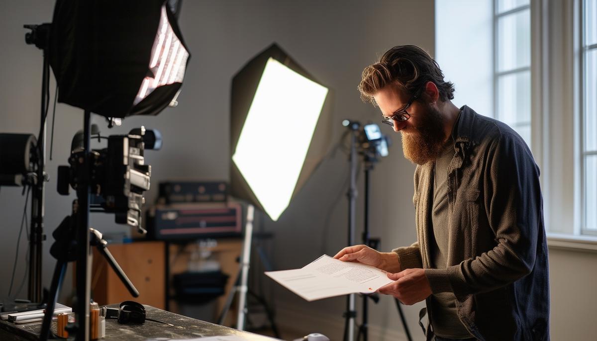 A photographer preparing equipment and reviewing a contract before a studio session in Boston