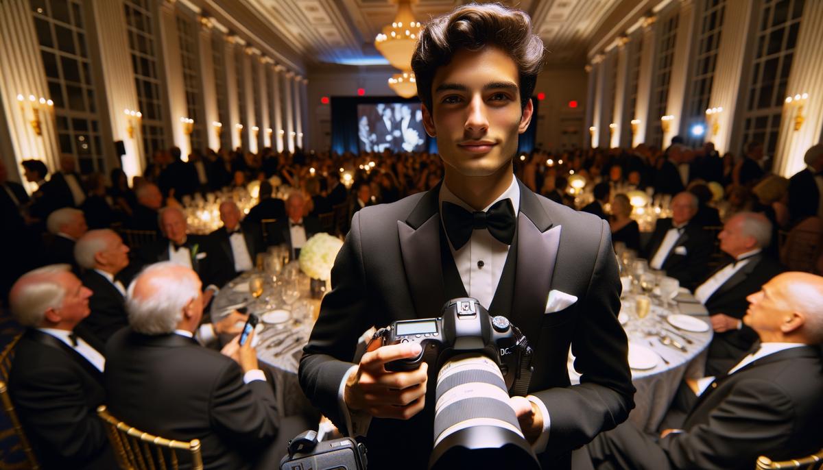 A DC gala photographer skillfully navigating a crowded, dimly lit venue