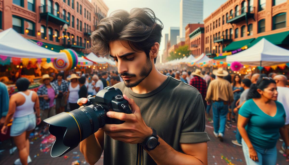 Photographer adjusting camera settings at a crowded Denver festival