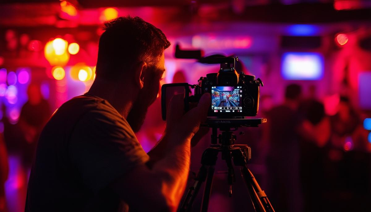A photographer adjusting camera settings for a low-light shot in a Nashville nightclub