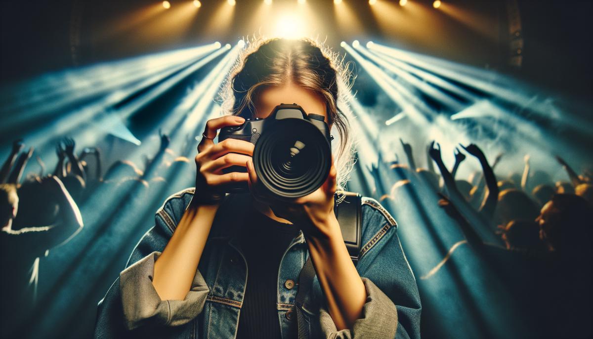 A concert photographer adjusting camera settings in a dimly lit concert venue
