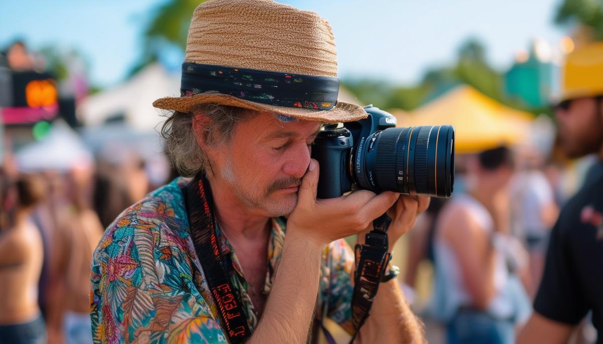 A photographer at Jazz Fest adjusting camera settings while surrounded by festival atmosphere