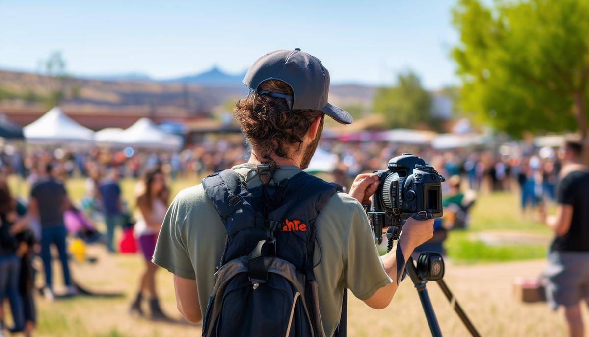 A photographer adjusting camera settings at an outdoor event in Albuquerque