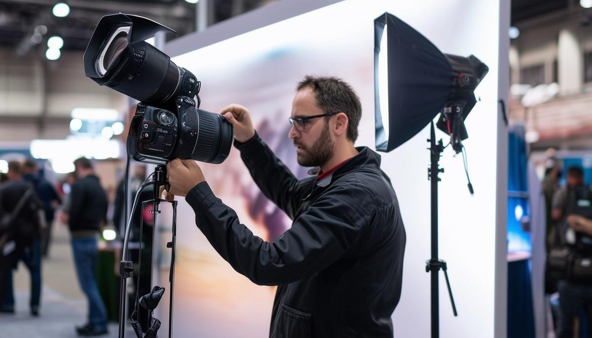 A photographer adjusting portable lighting equipment at a trade show booth