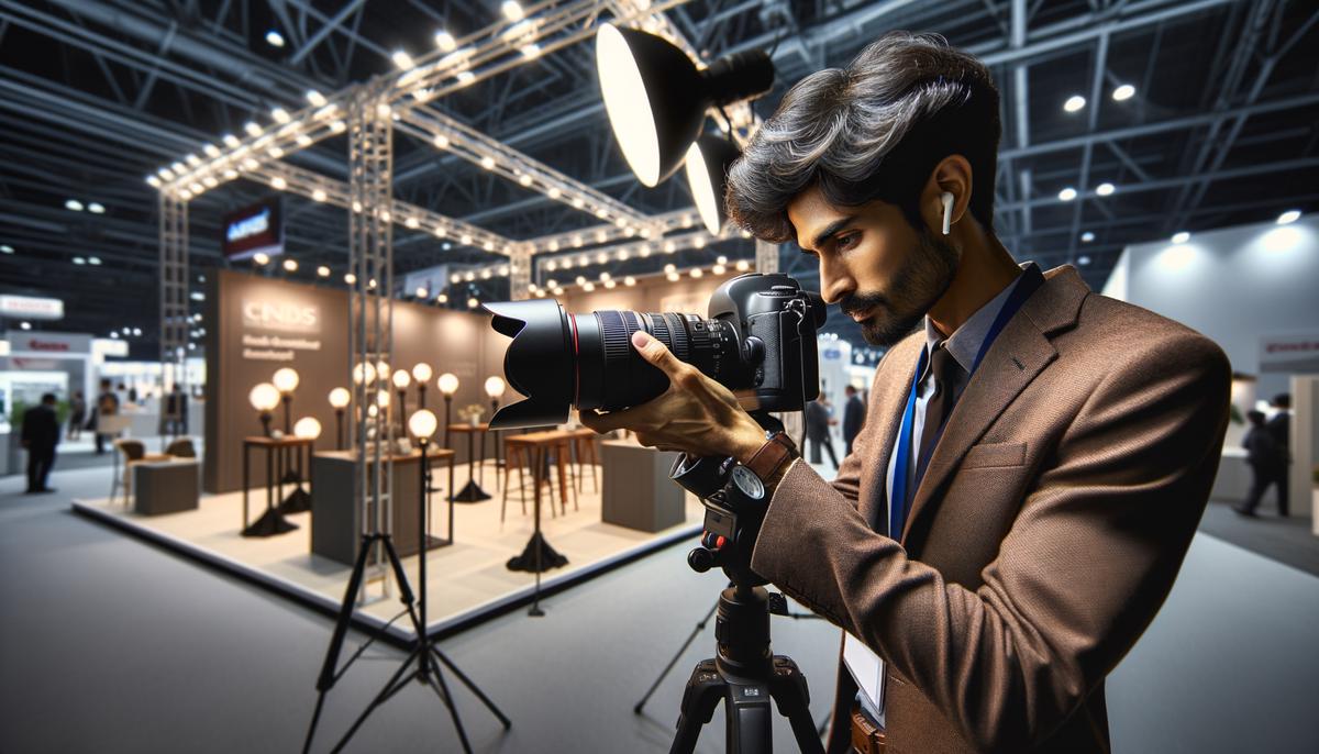 A photographer adjusting professional lighting equipment at a trade show booth