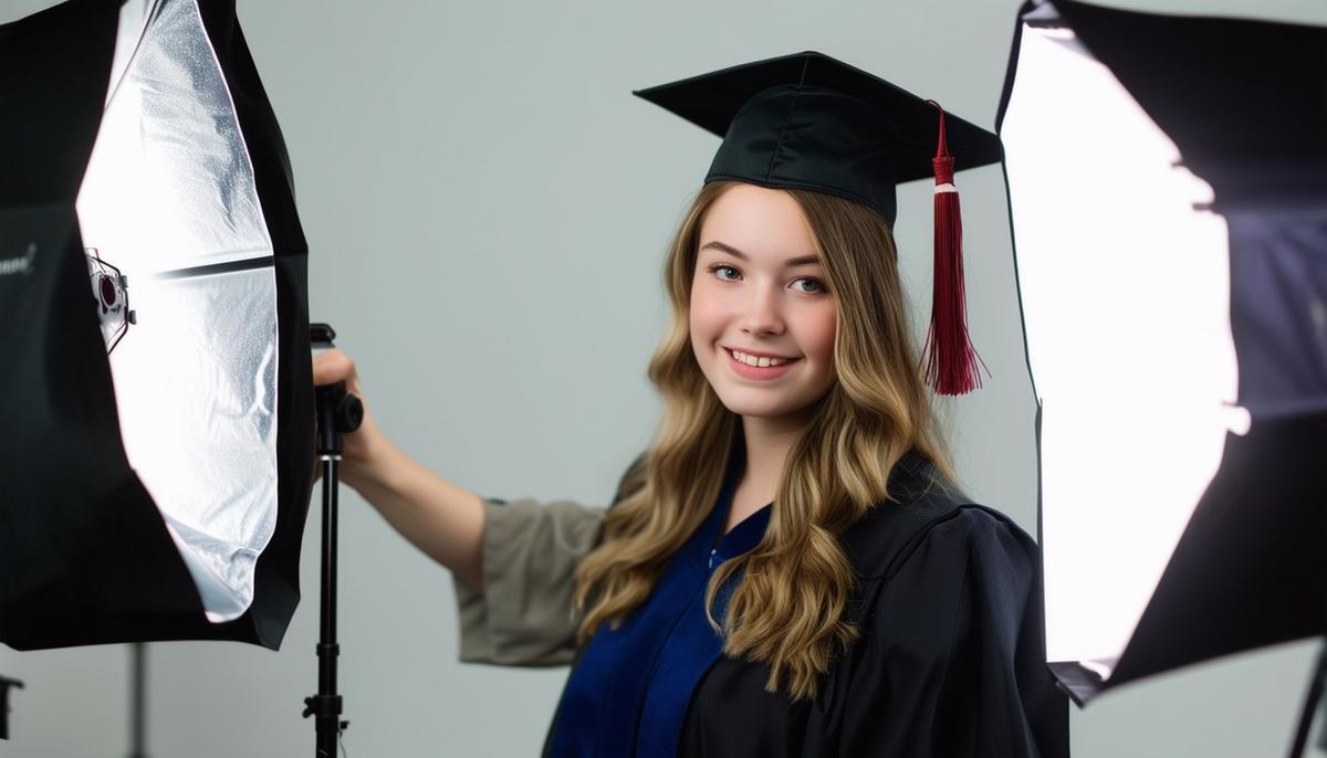 A professional photographer adjusting studio lighting for a high school graduate's portrait session