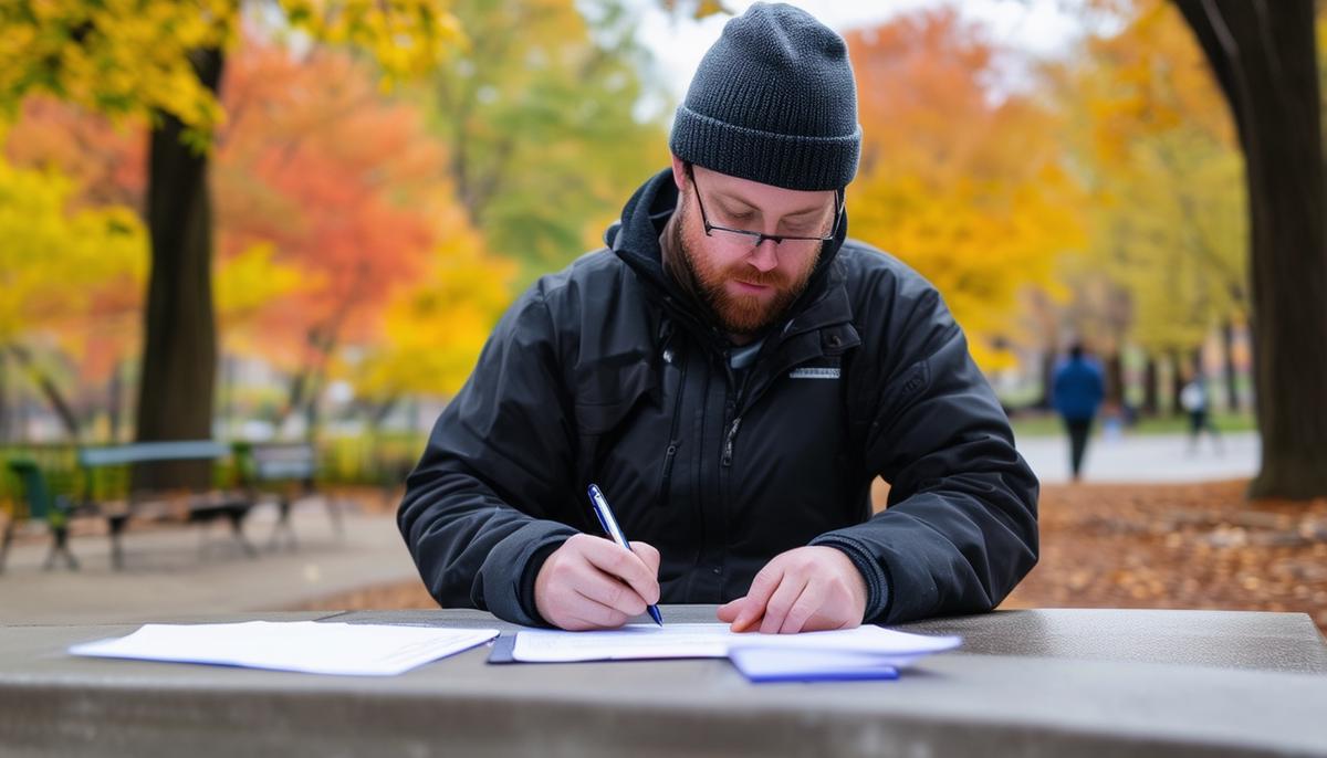 A photographer filling out a permit application form for Minneapolis park photography