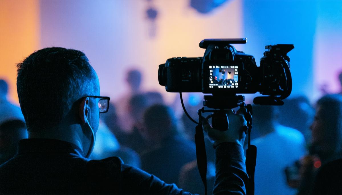 A professional event photographer capturing moments at a Chicago event, showcasing high-end equipment and creative positioning