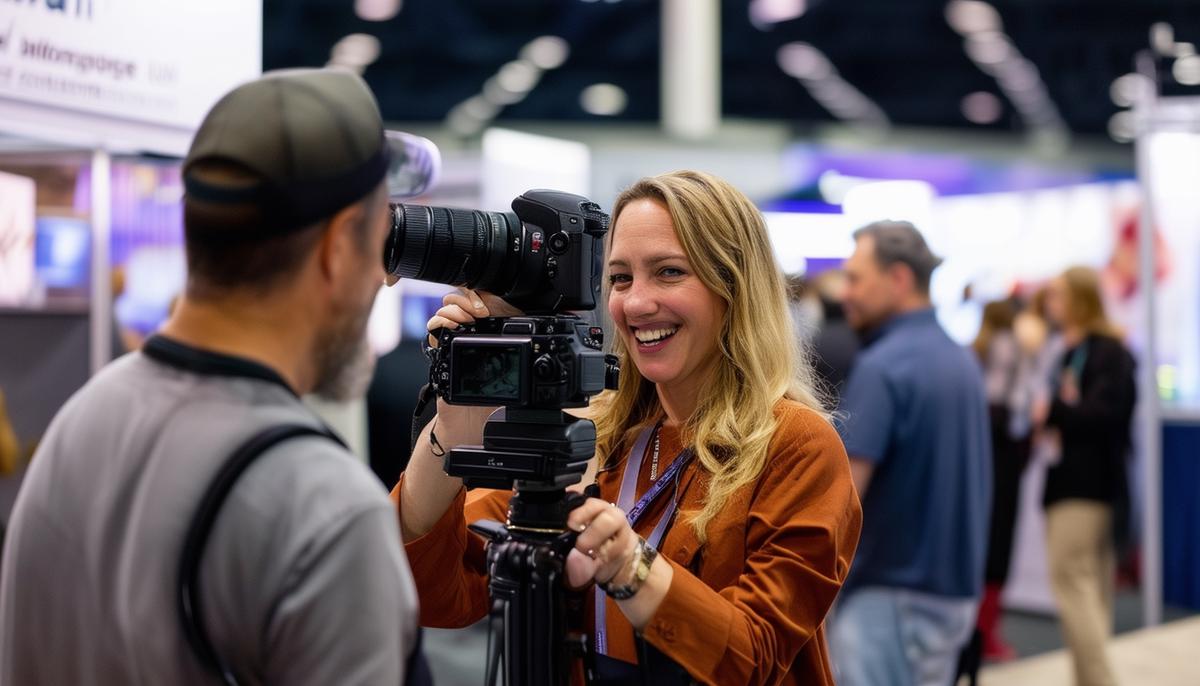 An event photographer capturing booth interactions at a Dallas trade show