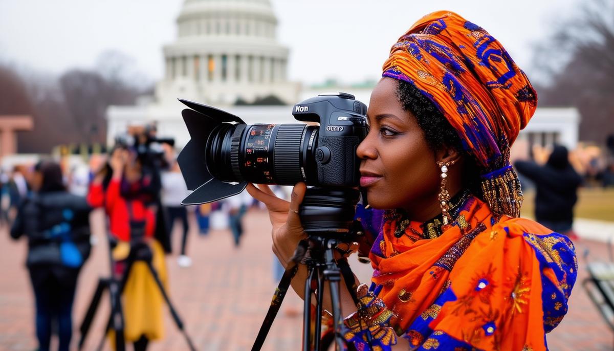 A photographer capturing a dynamic moment at a cultural event in Washington DC, demonstrating various photographic techniques
