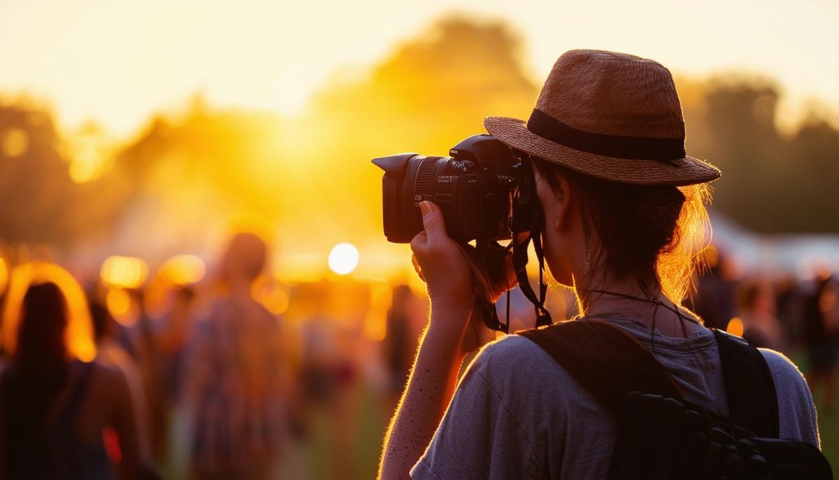 A photographer capturing a festival scene during the golden hour