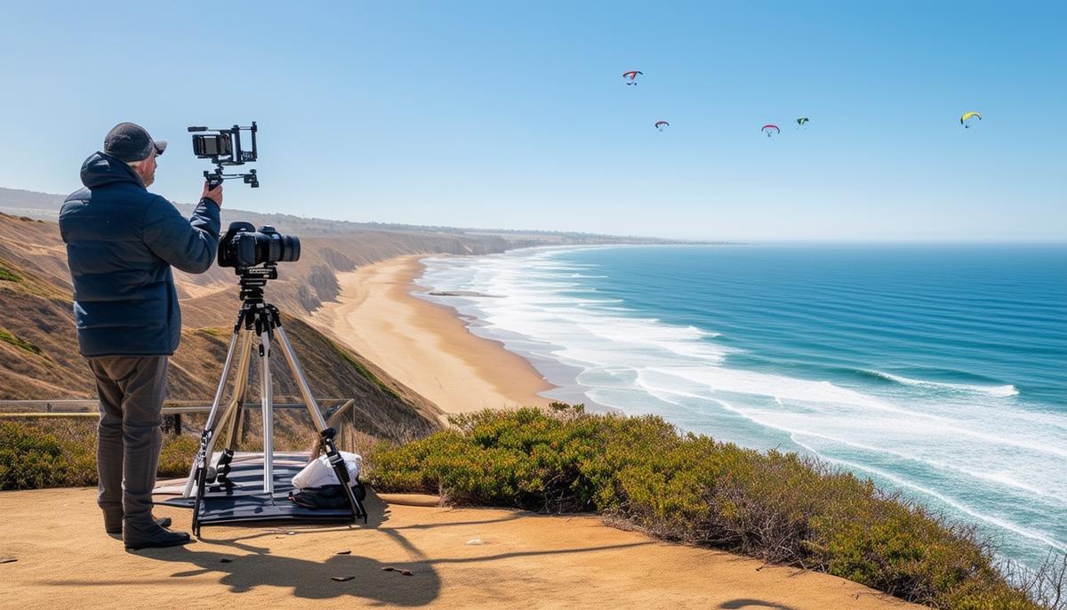 A photographer setting up a shot at Torrey Pines Gliderport with panoramic ocean views