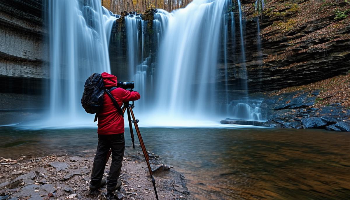 Photographer using a tripod to capture a long exposure shot of a waterfall in Arkansas