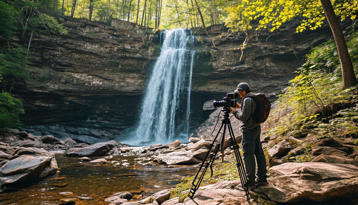 photographer capturing arkansas waterfall