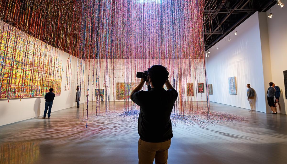 A photographer using a wide-angle lens to capture a large art installation in a Tampa gallery