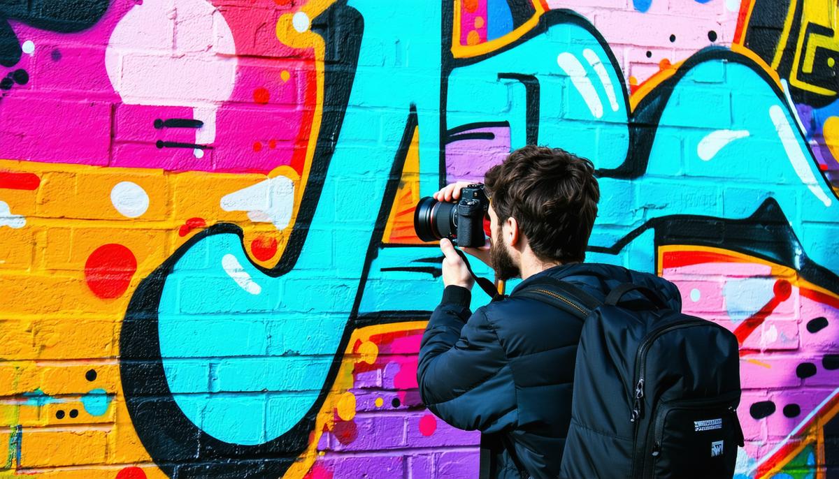 A photographer documenting vibrant street art in Austin, with their camera focused on a colorful mural