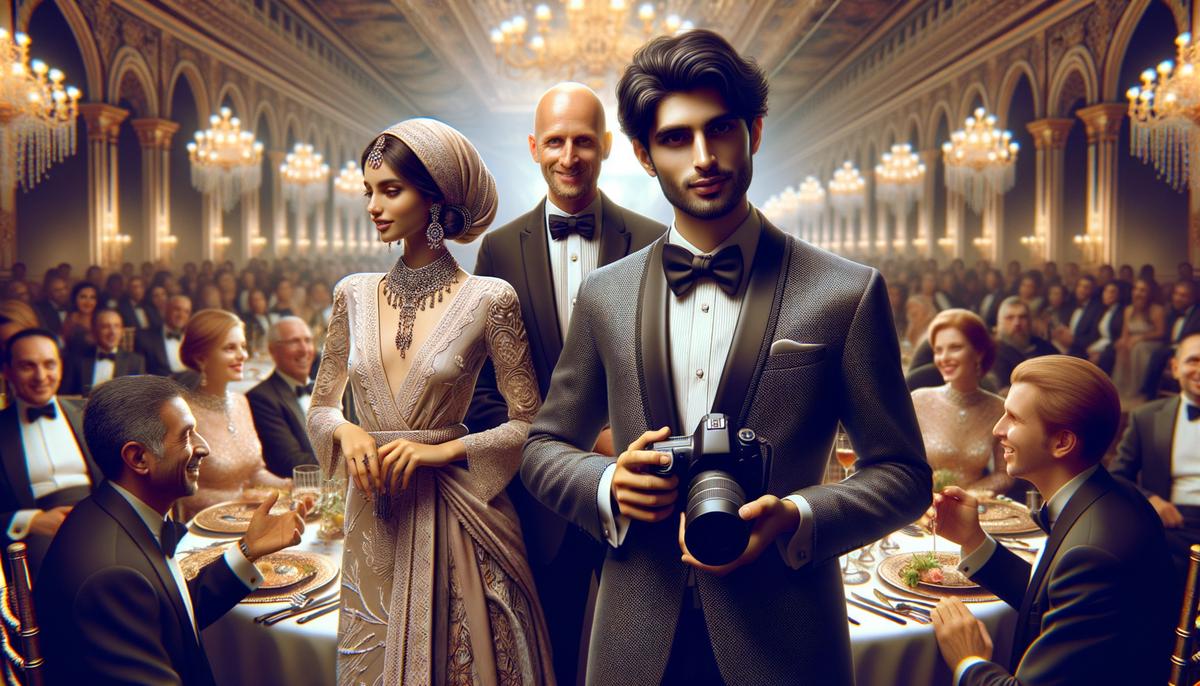 A professional event photographer blending into the background at a San Francisco gala, capturing candid interactions and genuine emotions between the elegantly dressed attendees.