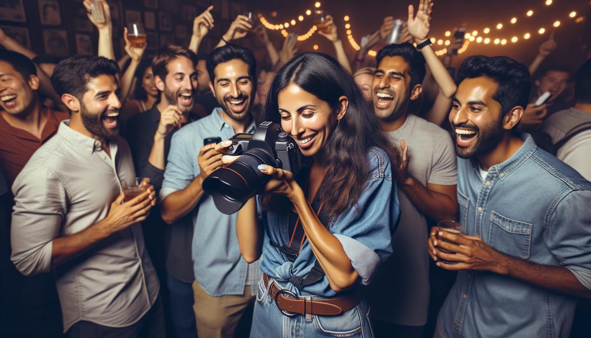 A candid photograph of a skilled event photographer discreetly capturing genuine interactions and emotions among diverse attendees at a San Francisco nightlife event, showcasing their ability to blend into the crowd and anticipate key moments.