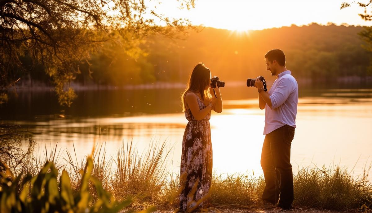 Photographer capturing an engaged couple during golden hour at Lake Hamilton