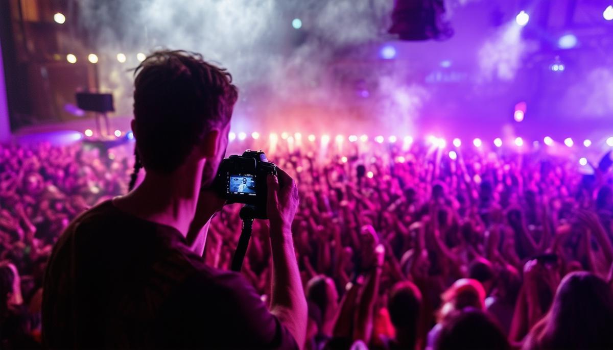 A concert photographer capturing an energetic crowd moment from an elevated position