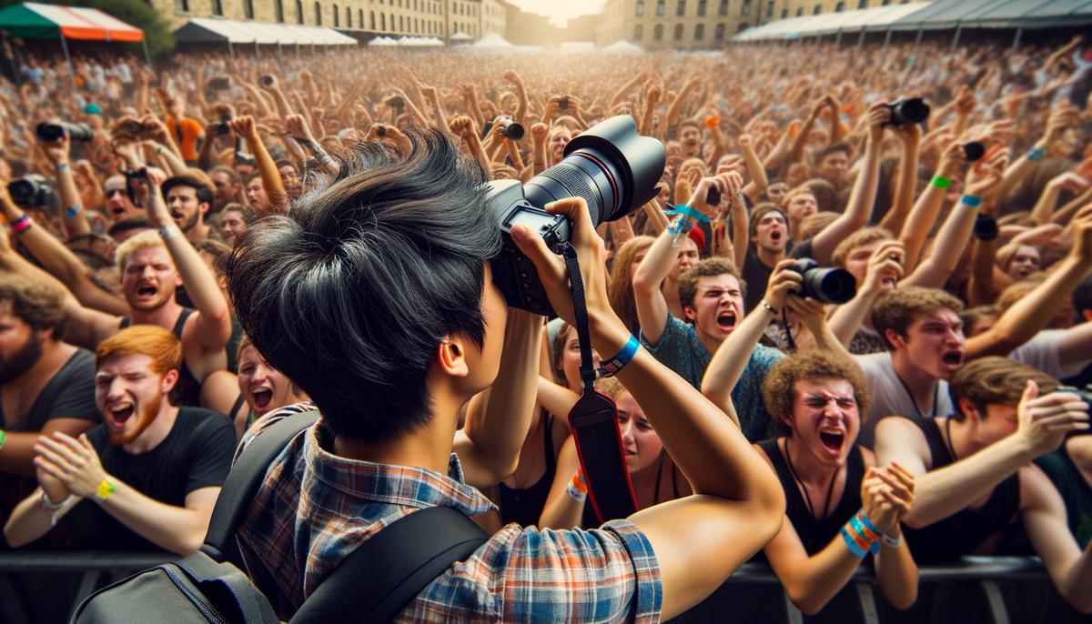 A professional photographer capturing a joyous crowd reaction at an Austin music festival