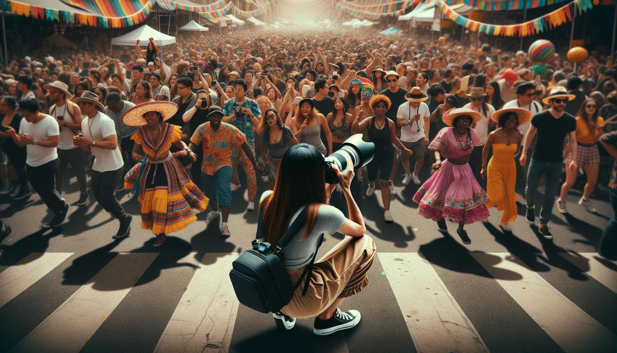 A photographer taking a low-angle shot of a festival crowd, demonstrating the technique of capturing atmosphere