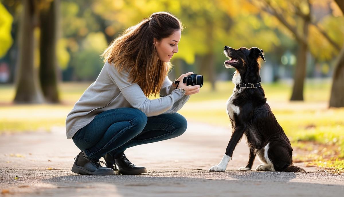 A female pet photographer crouching to capture a playful dog's expression in a park setting