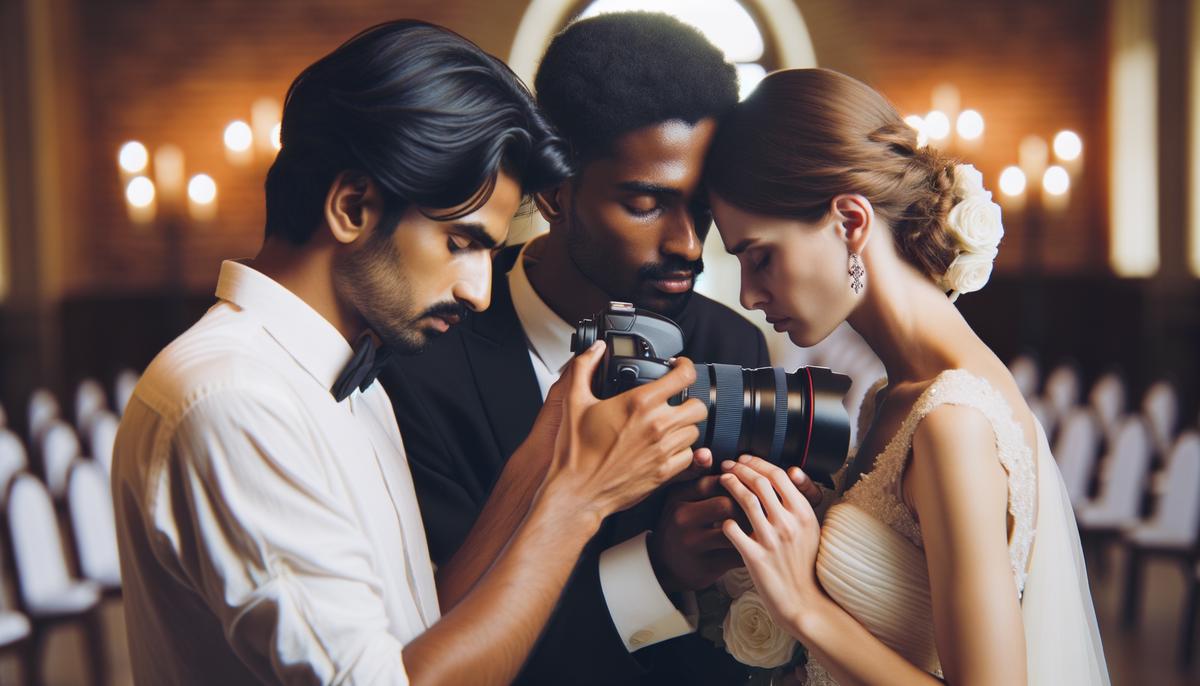 A wedding photographer capturing an emotional moment between a bride and groom