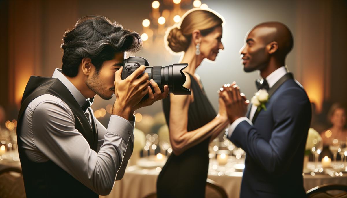 A professional photographer capturing an emotional moment between guests at an Albuquerque gala event
