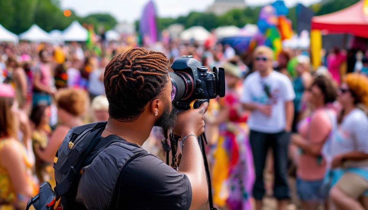 A photographer in action at a lively festival in Washington DC, adjusting camera settings while capturing colorful performances and crowd reactions