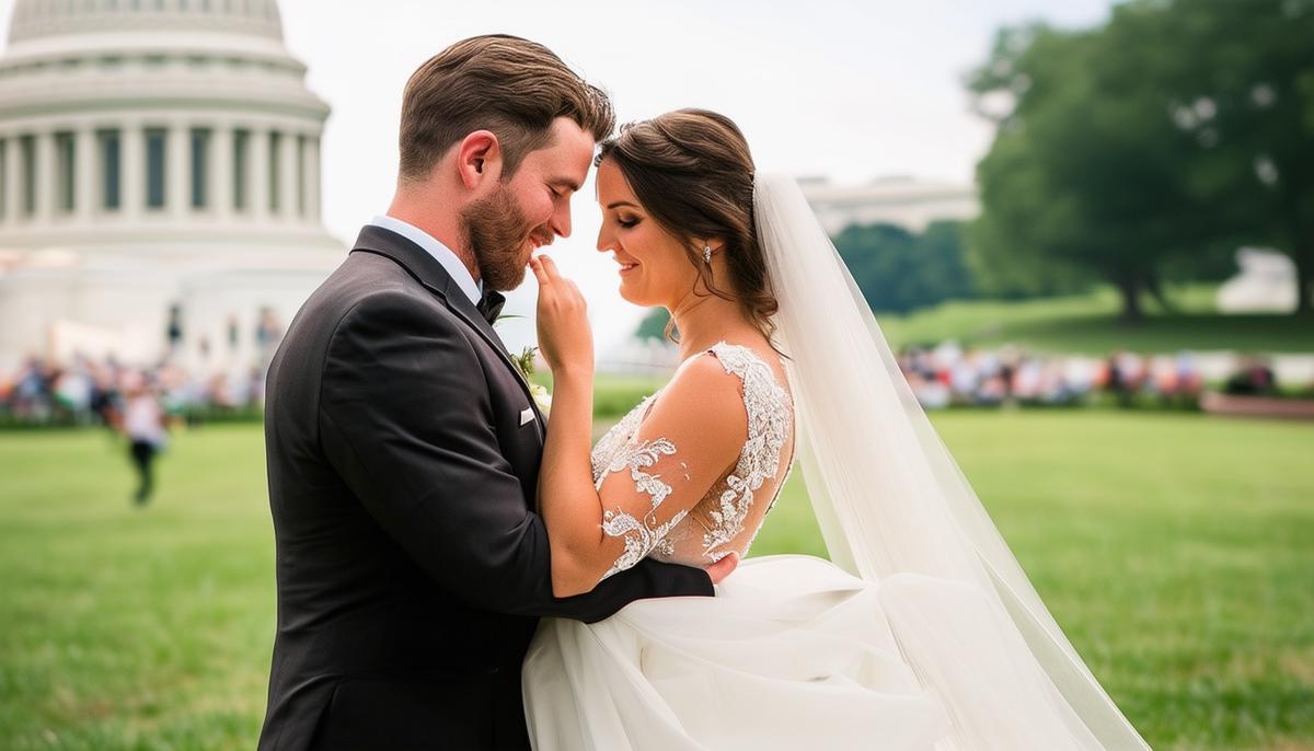 A professional wedding photographer discreetly capturing an intimate moment between a bride and groom in a picturesque DC setting