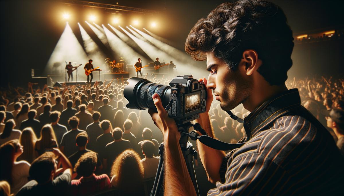 A concert photographer skillfully capturing a low-light performance using specialized techniques