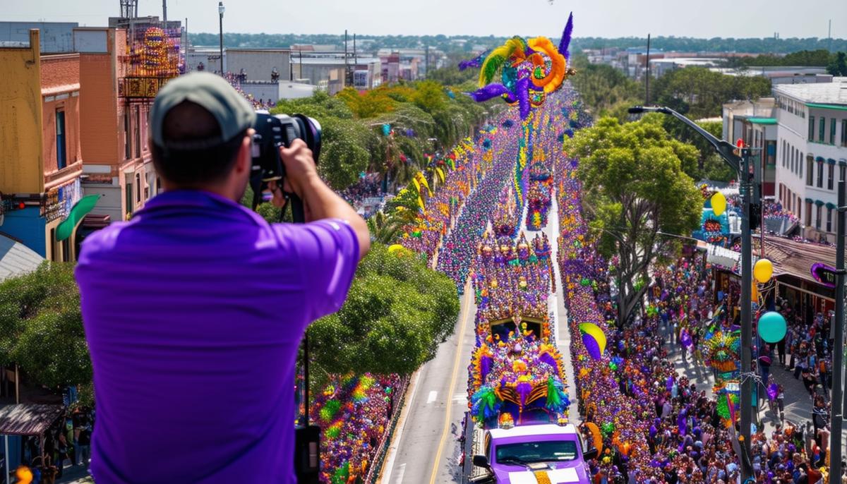 A photographer capturing a Mardi Gras parade from an elevated position, with colorful floats and crowds visible