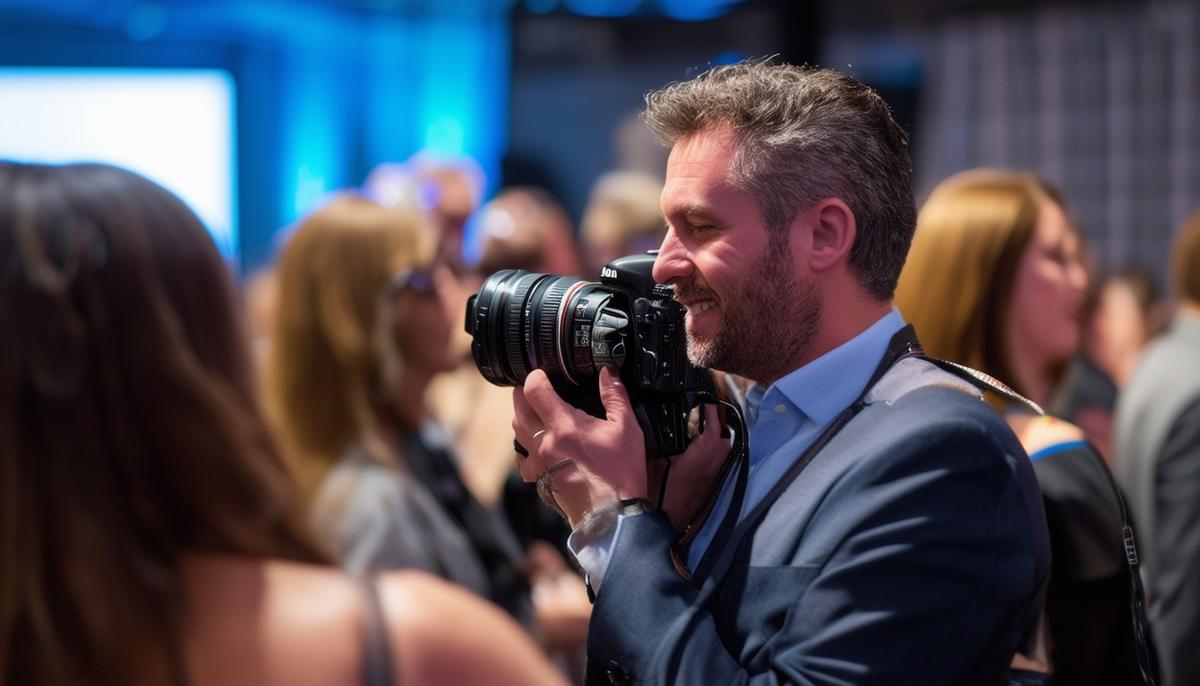 A photographer capturing candid moments at a corporate networking event in Dallas