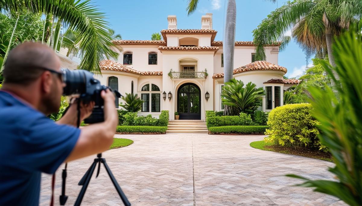 A professional photographer carefully framing a shot of a Mediterranean revival style home in Palm Beach