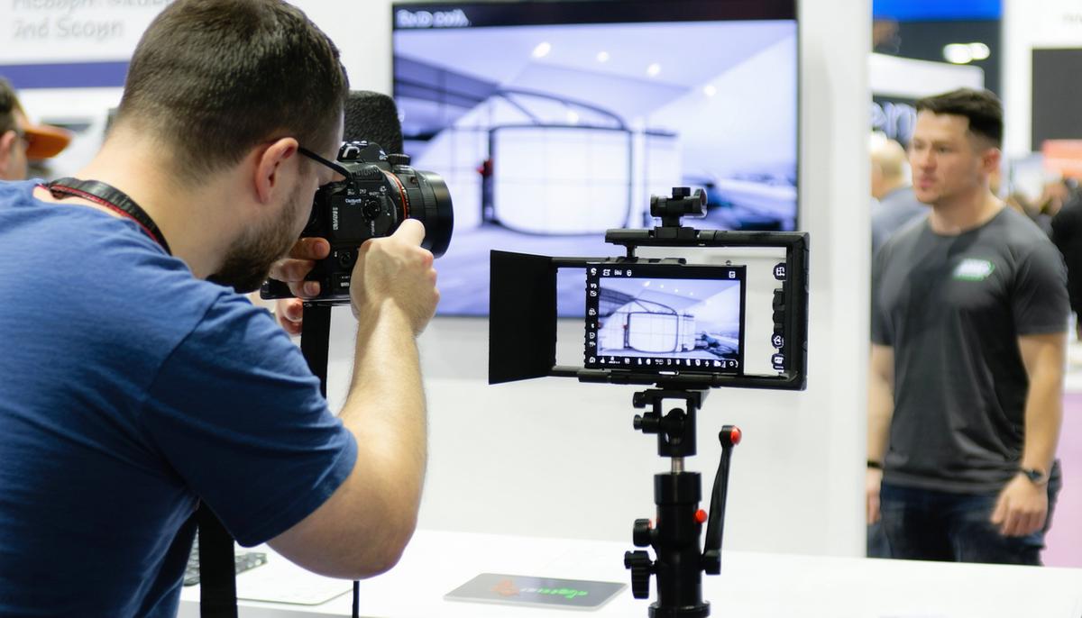 A professional photographer capturing a product demonstration at a trade show booth