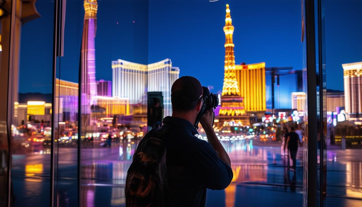 A photographer facing challenges while taking night photos in Las Vegas, such as dealing with glass reflections and crowds